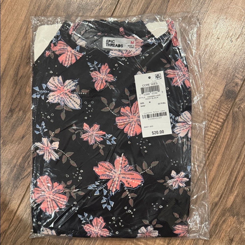 Epic Threads Black Top with Pink and White Floral Pattern